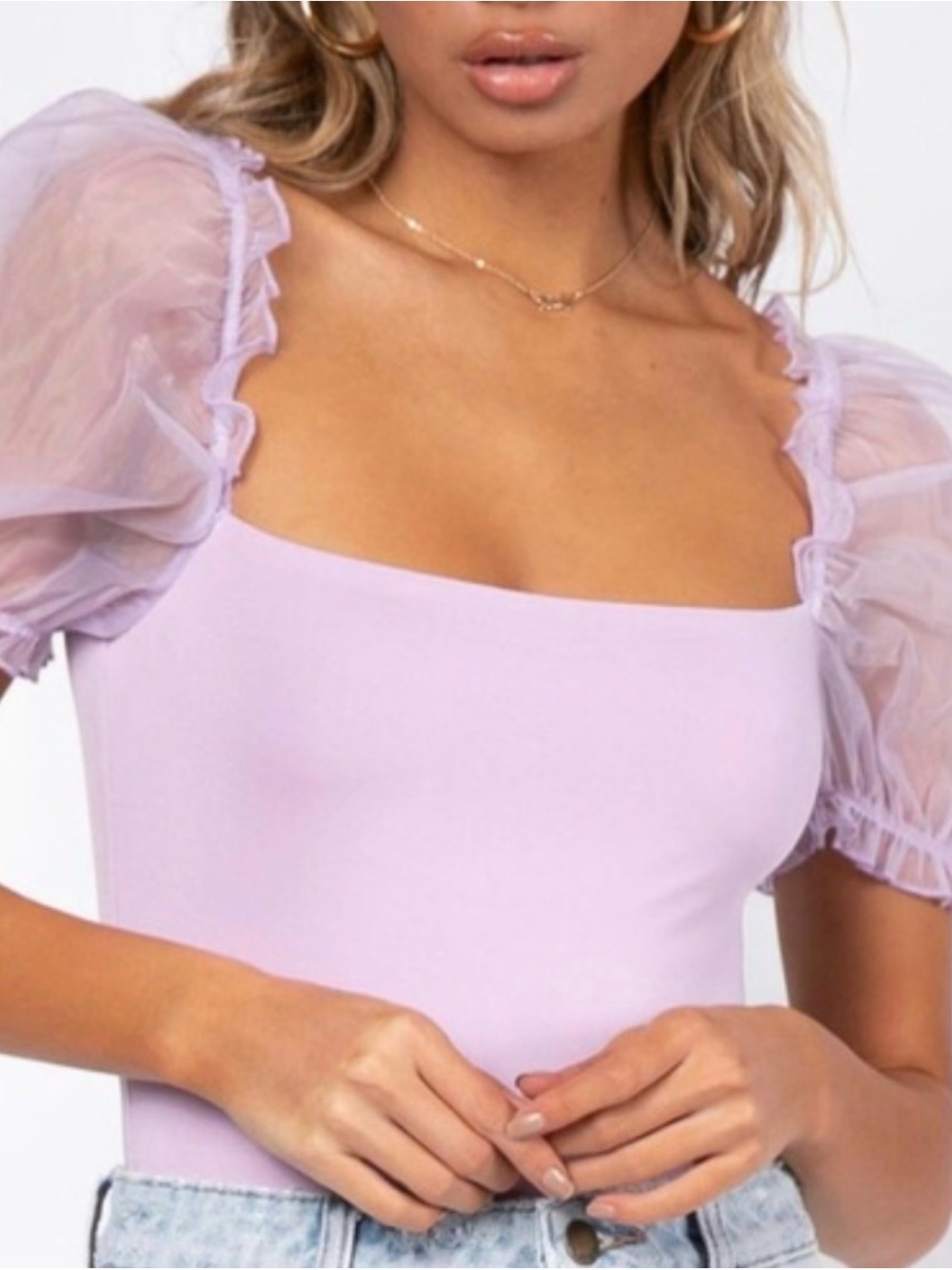 Tops / Lilac Puff-Sleeve One-Piece Bodysuit65%Rayon